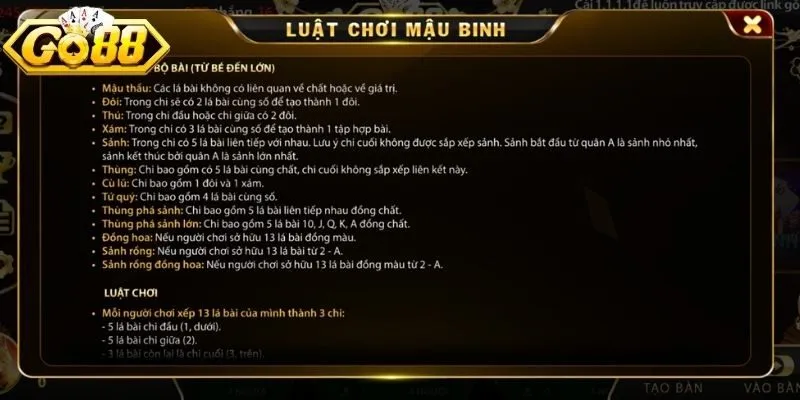 Quy tắc phân định thắng thua giữa những bộ bài mậu binh GO88