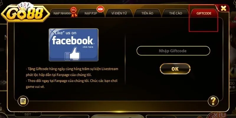 Nạp tiền GO88 qua giftcode